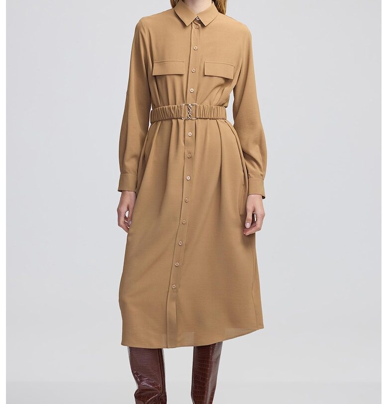 Рокля тип риза с еластичен колан - Бежов Ipekyol