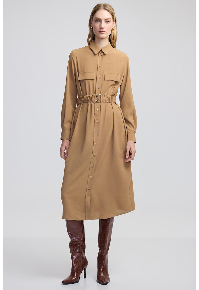 Рокля тип риза с еластичен колан - Бежов Ipekyol