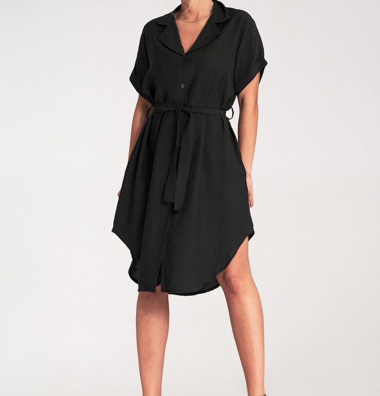 Рокля тип риза -  черна - асиметрична - вискозна - с колан - размер SM Figl