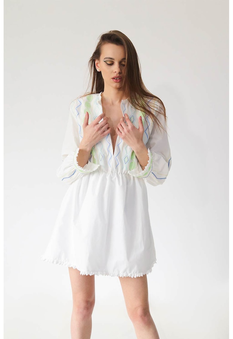 Рокля тип туника с бродерия - Бял/Зелен/Син UVIA