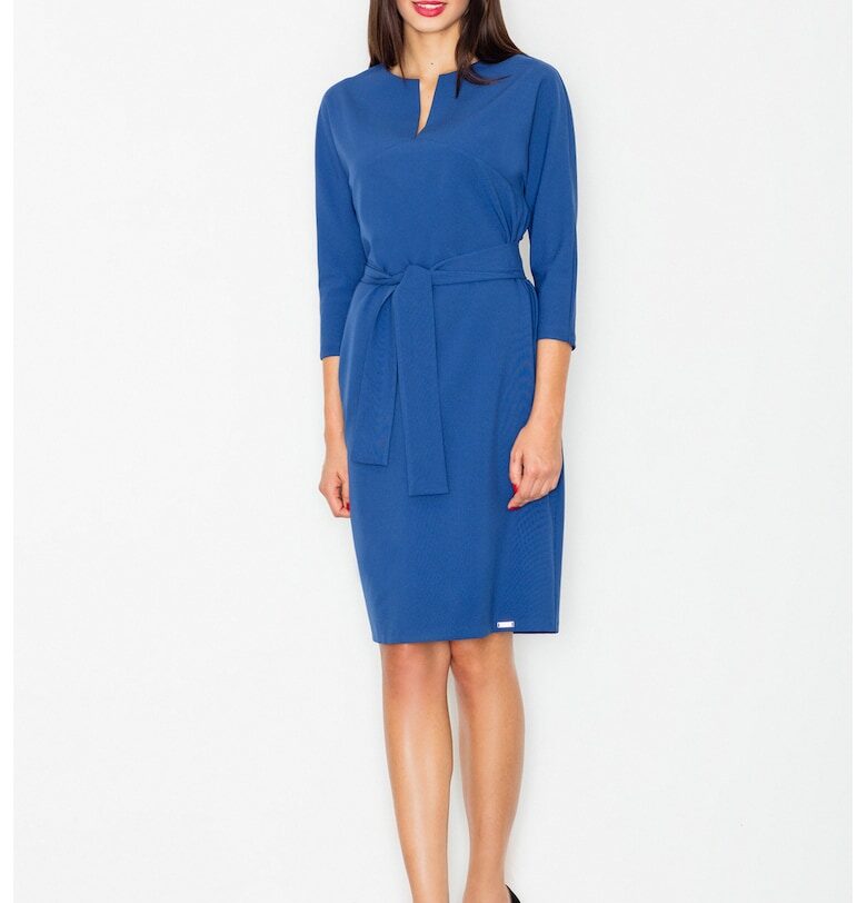 Рокля  тъмносиня - колан - V-образно деколте - полиестер Figl