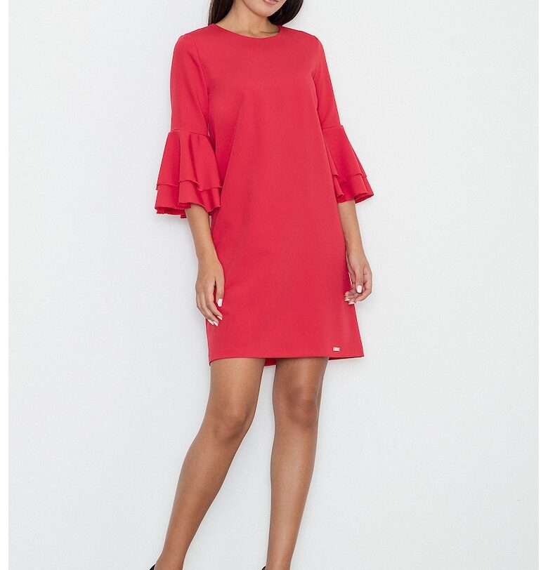 Рокля  червена - с волани на ръкавите - изработена от олекотен полиестерен материал Figl