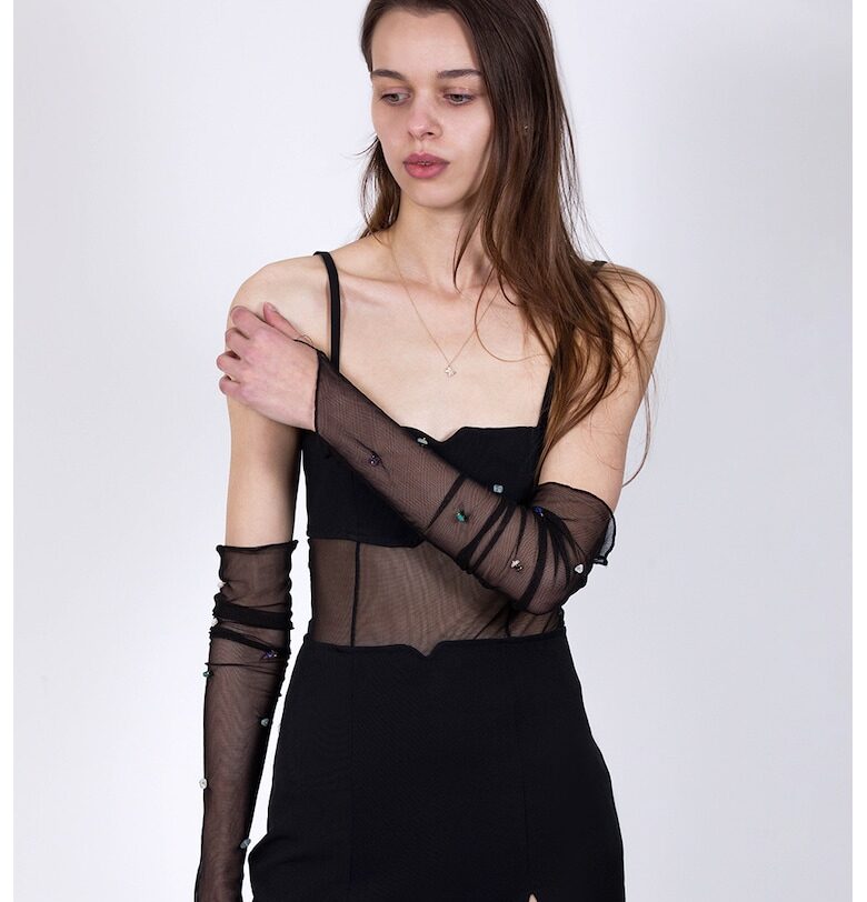 Ръкавици от тюл с кристали - Черен UVIA