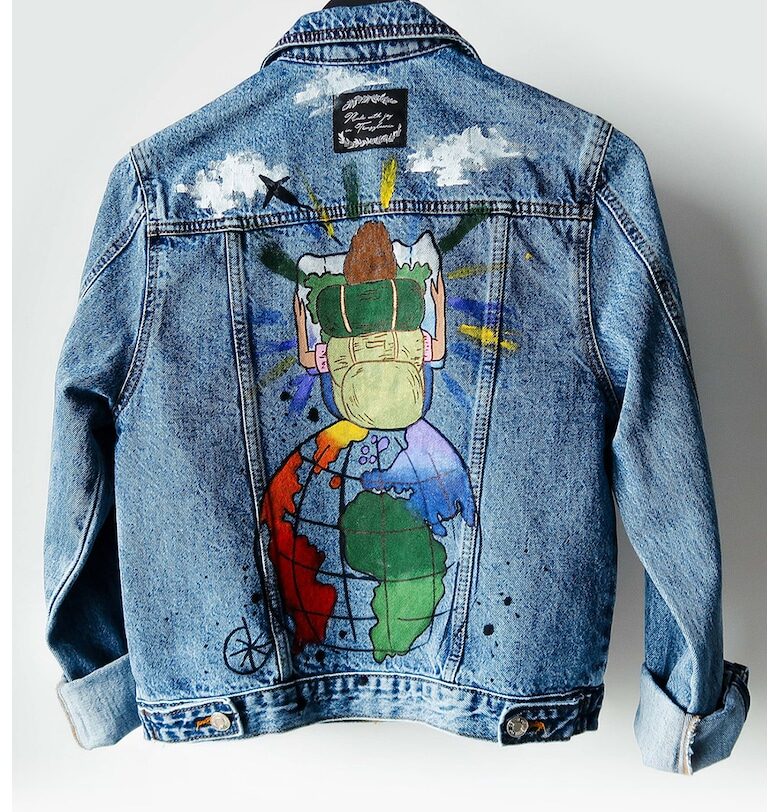 Ръчно рисувано дънково яке - Бял/Зелен/Тъмносин Madlen