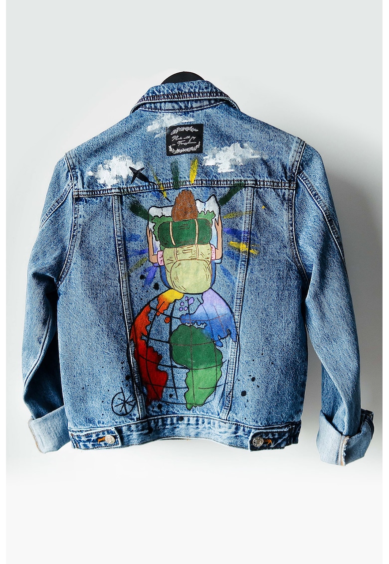 Ръчно рисувано дънково яке - Бял/Зелен/Тъмносин Madlen