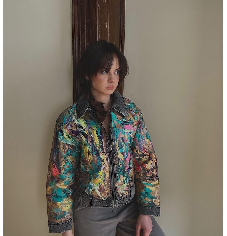 Ръчно рисувано късо яке от деним с цип - Сив/Син Tessuto