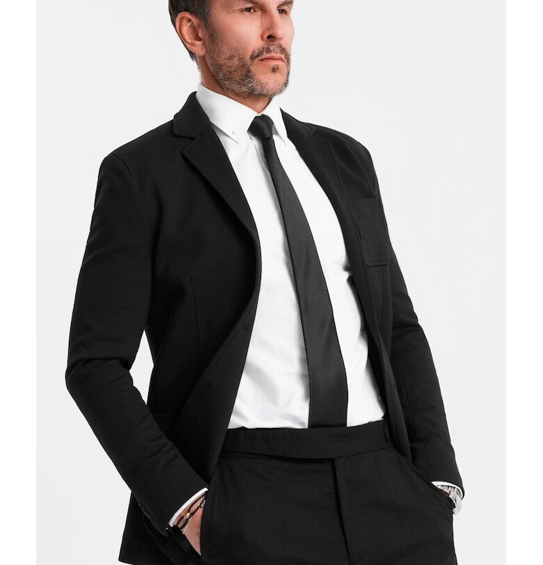 Сако SLIM от плетена материя с фина текстура ОМБРЕ OM-BLZB-0101 - Черен - Черен OMBRE