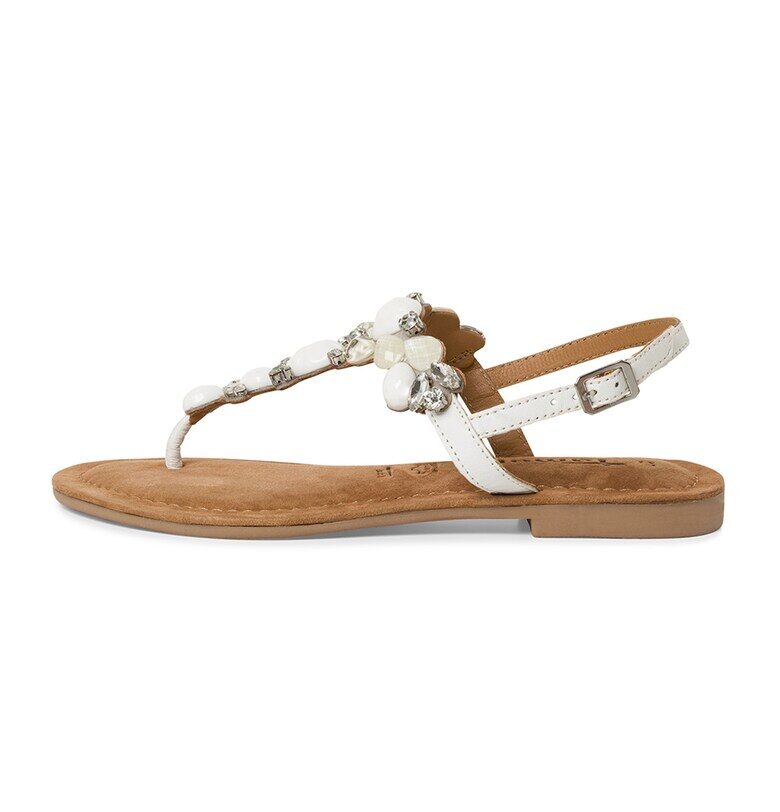 Сандали от кожа с декоративни камъни и разделител за палеца - Бял Tamaris