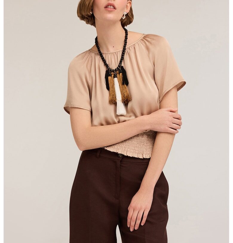 Сатенена блуза с еластична талия - Камел Motivi