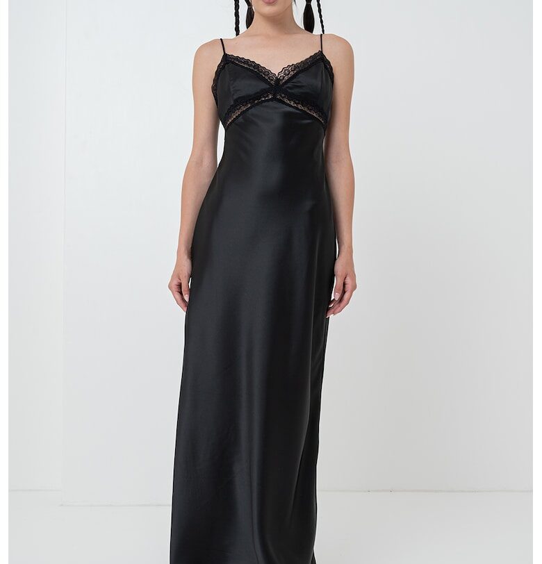 Сатенена дълга рокля с дантела - Черен Gina Tricot