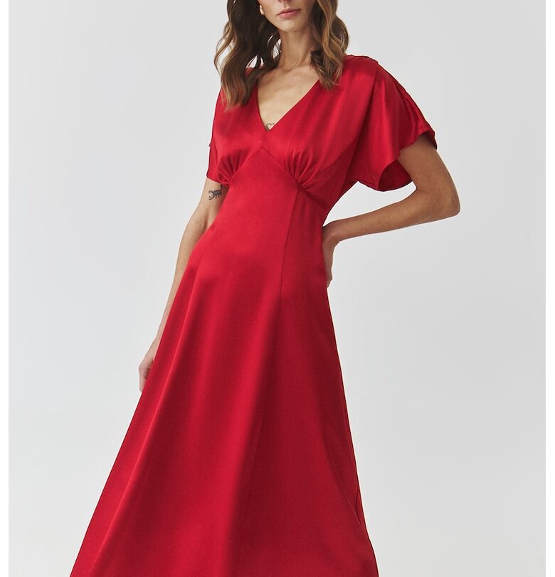 Сатенена рокля с висока талия - Червен Tatuum