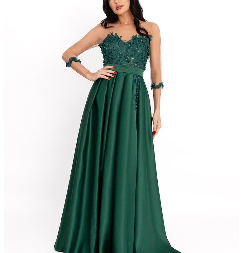 Сатенена рокля с тюл - Тъмнозелен Acob a porter