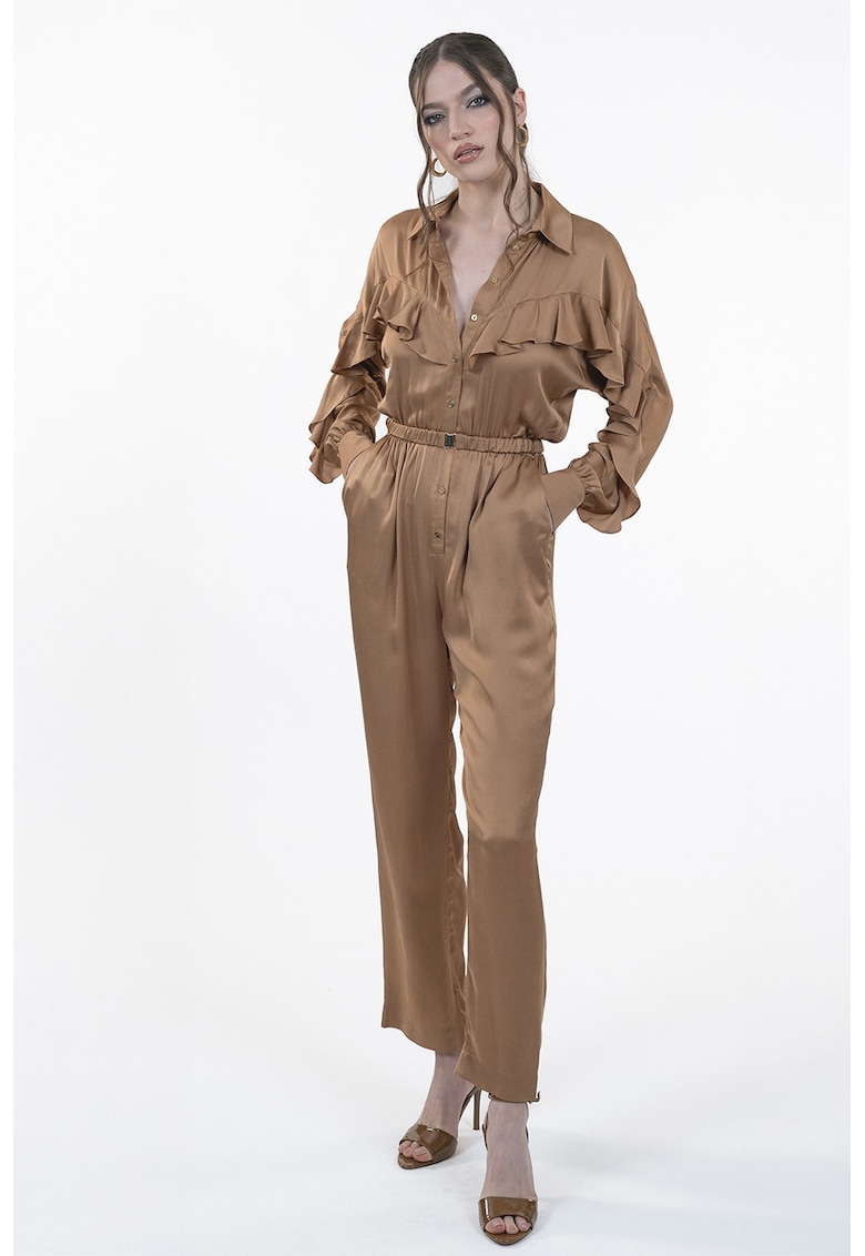 Сатиниран гащеризон с дълги ръкави и набирания - Камел Maellie