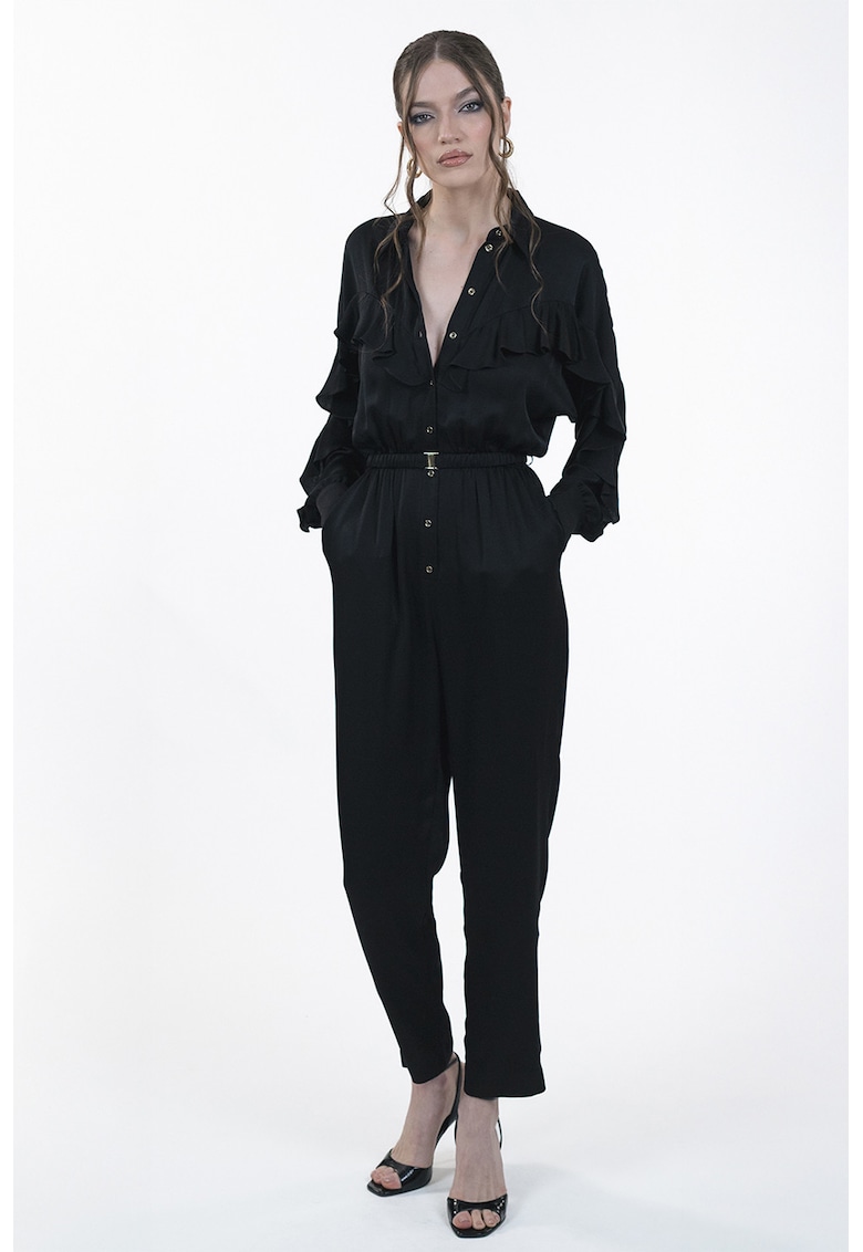 Сатиниран гащеризон с дълги ръкави и набирания - Черен Maellie