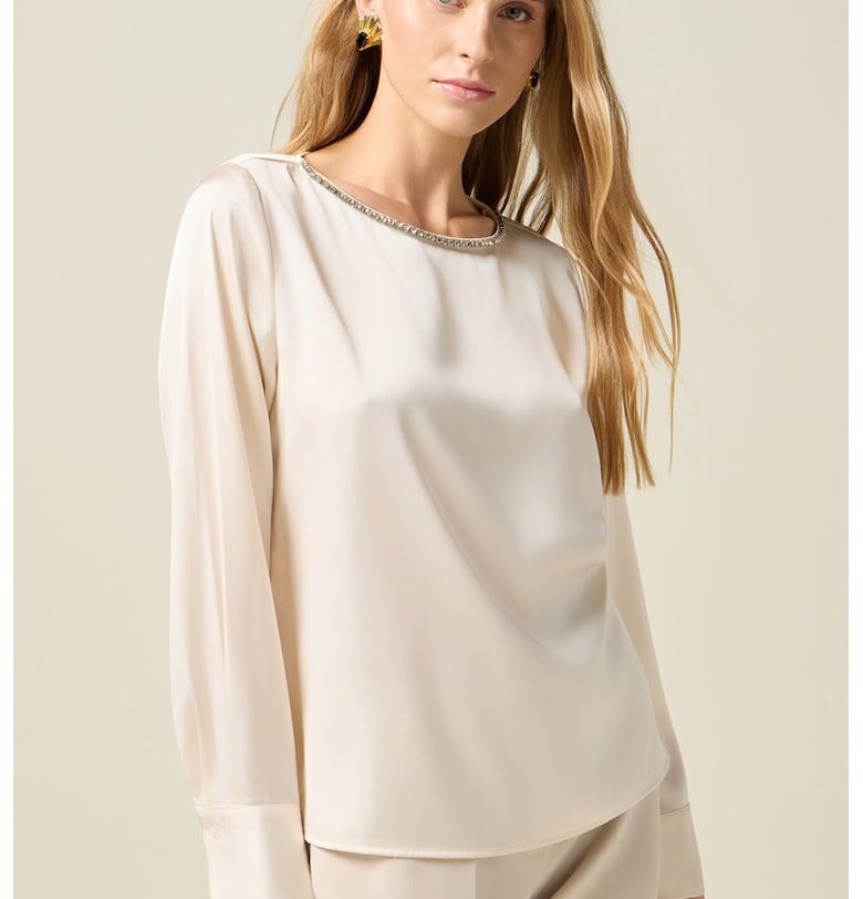 Сатинирана блуза с деколте тип лодка - Светло бежово Oltre