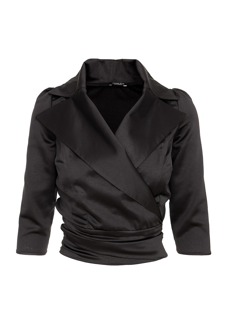 Сатинирана блуза с раздвоен ревер - Черен AVENUE No29