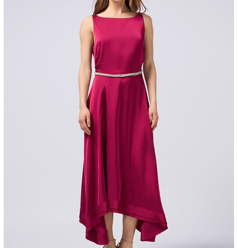 Сатинирана миди рокля с асиметричен подгъв - Малина Oltre