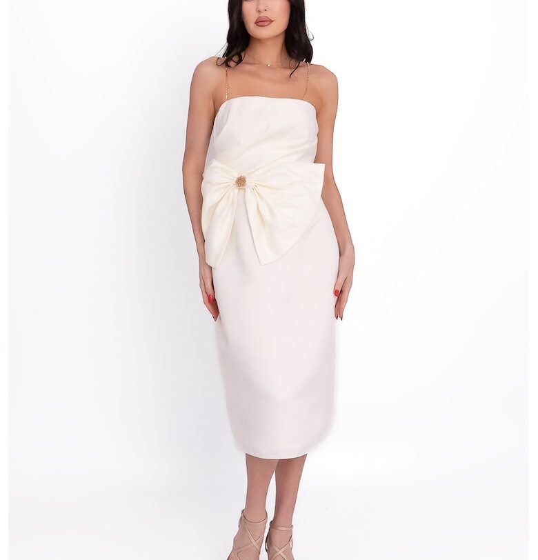 Сатинирана миди рокля с флорален десен и презрамки-верижки - Бял Acob a porter