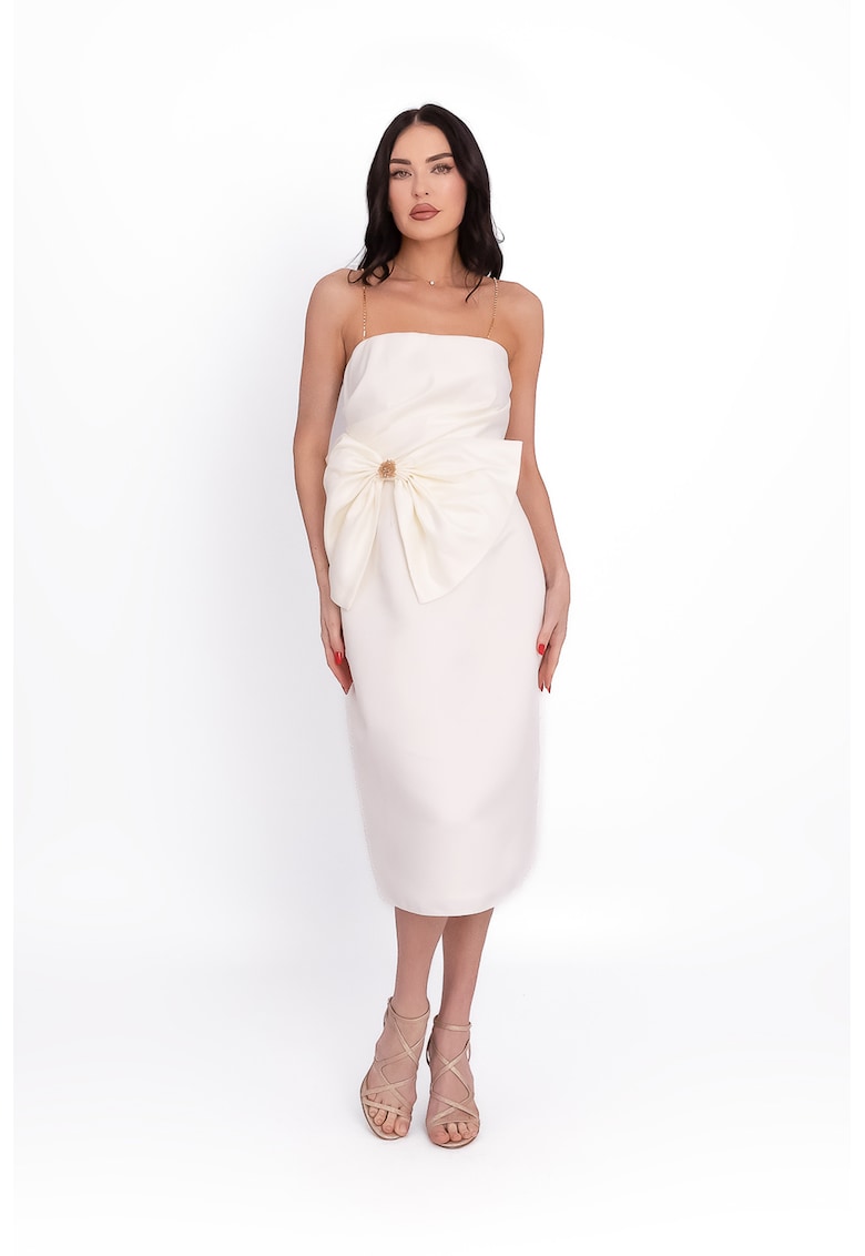 Сатинирана миди рокля с флорален десен и презрамки-верижки - Бял Acob a porter