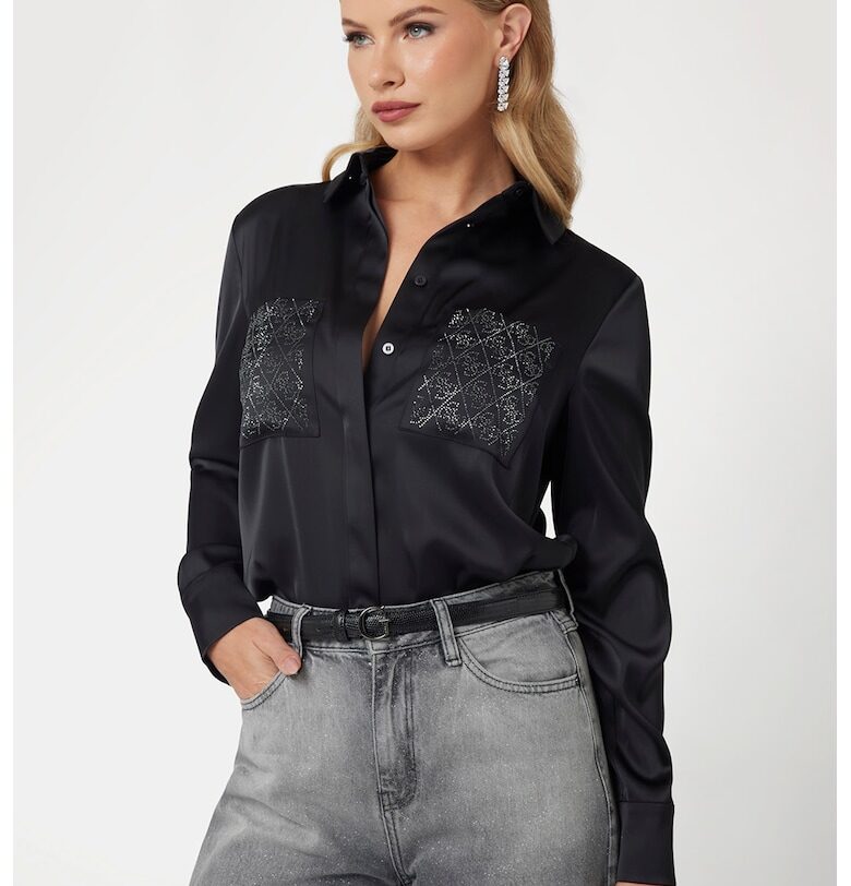 Сатинирана риза с пришити джобове - Черен GUESS