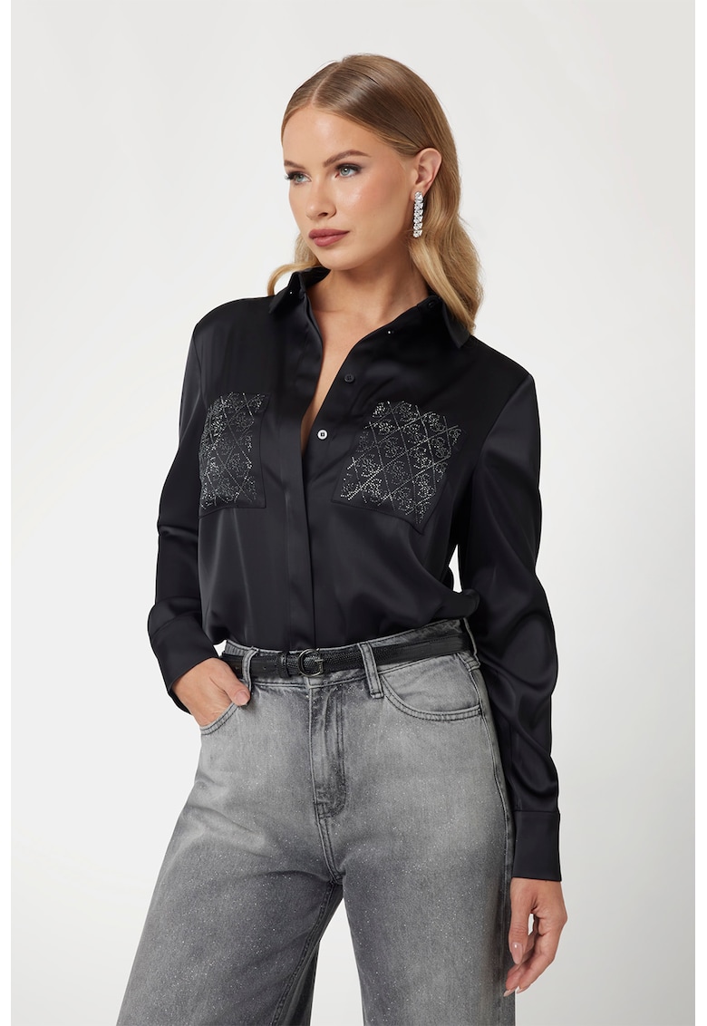Сатинирана риза с пришити джобове - Черен GUESS