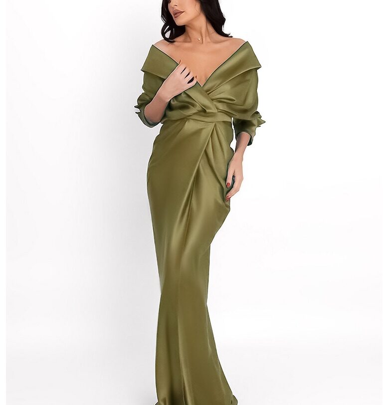 Сатинирана рокля с голо рамо - Маслинено зелено Acob a porter