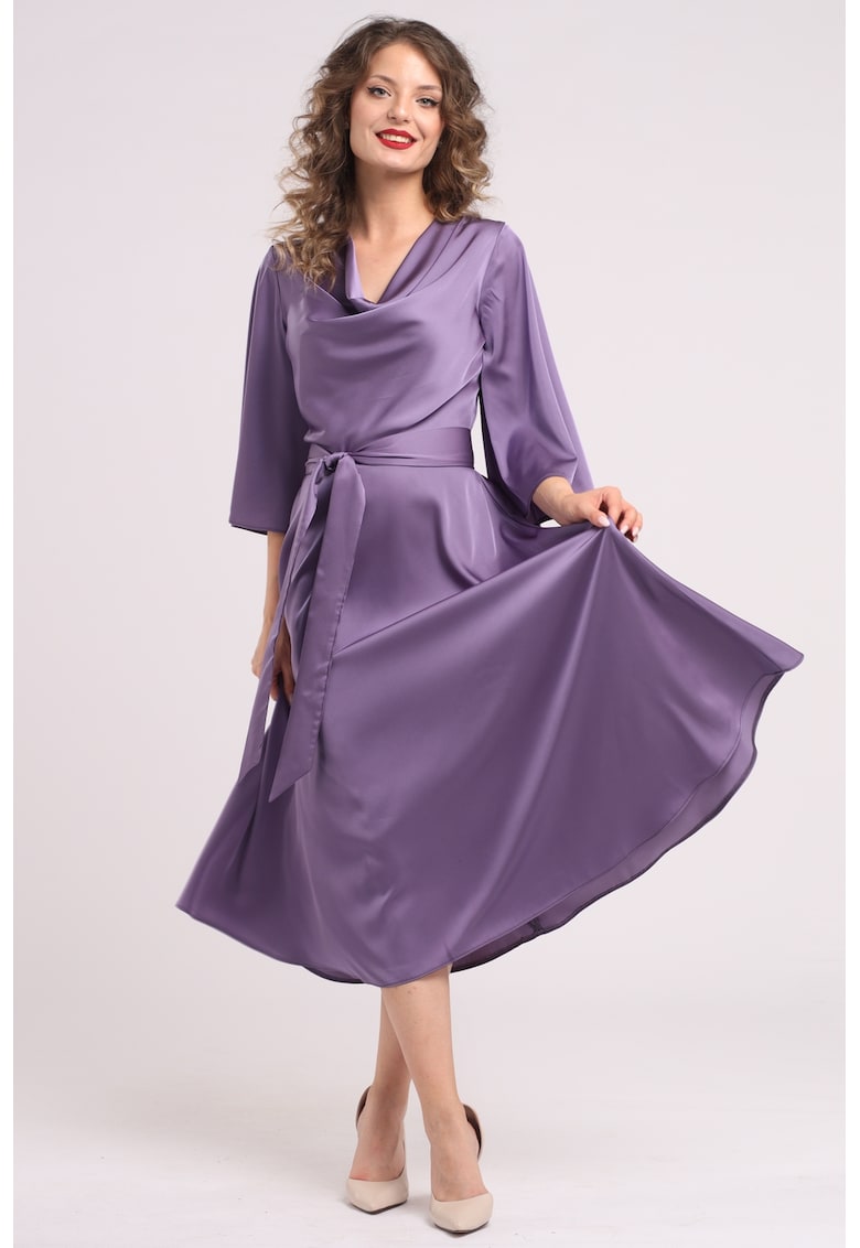 Сатинирана рокля с драпирано деколте - Бледовиолетов CAMISSI