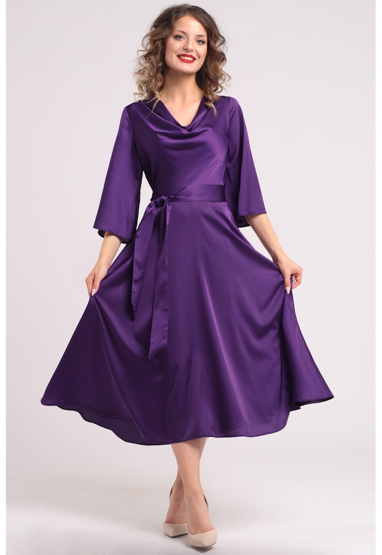 Сатинирана рокля с драпирано деколте - Виолетов CAMISSI