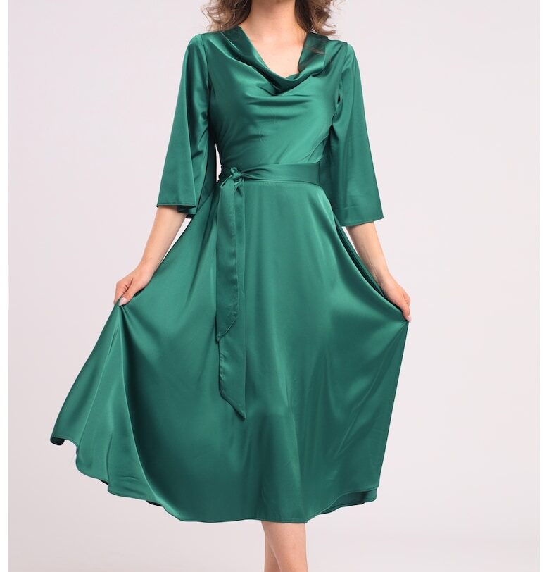 Сатинирана рокля с драпирано деколте - Зелен CAMISSI