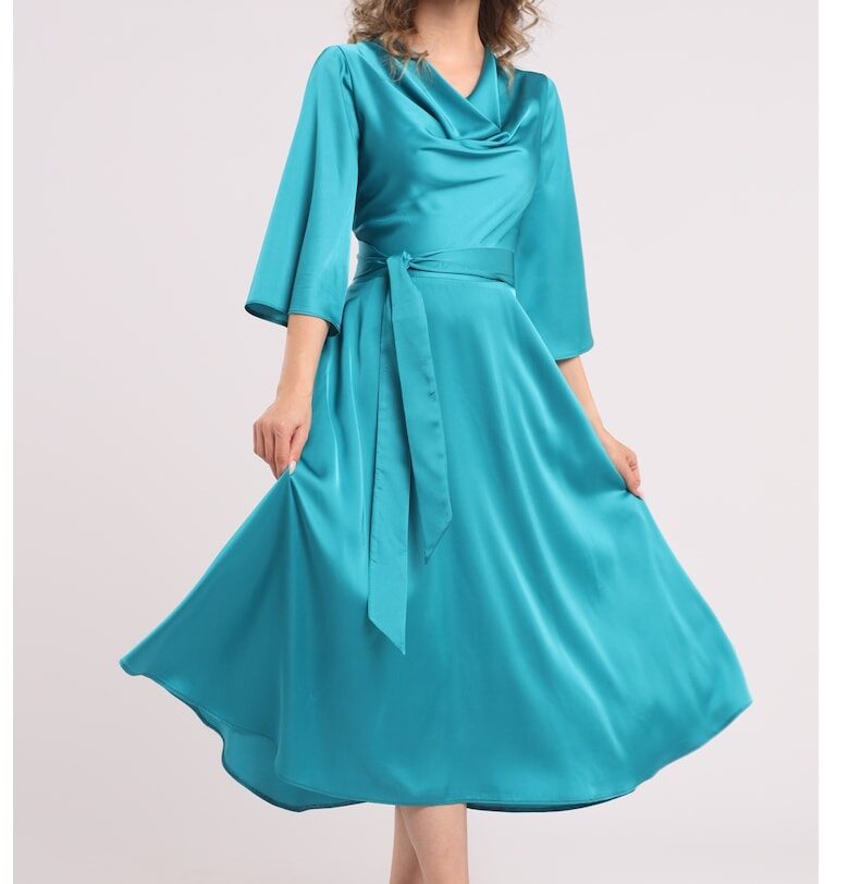 Сатинирана рокля с драпирано деколте - Тюркоаз CAMISSI