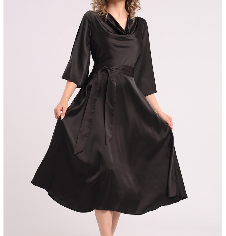 Сатинирана рокля с драпирано деколте - Черен CAMISSI