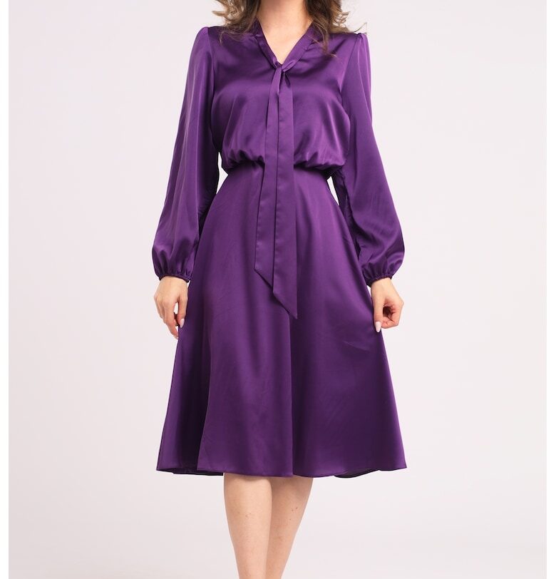 Сатинирана рокля с панделка - Виолетов CAMISSI