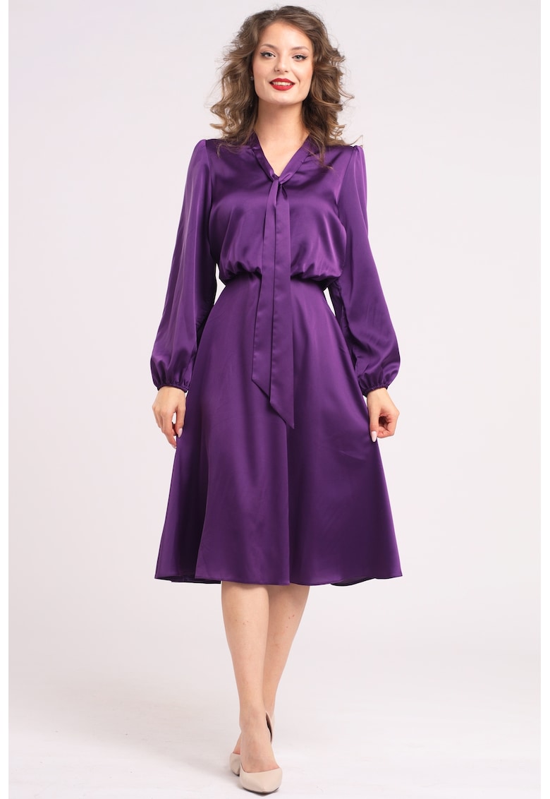 Сатинирана рокля с панделка - Виолетов CAMISSI