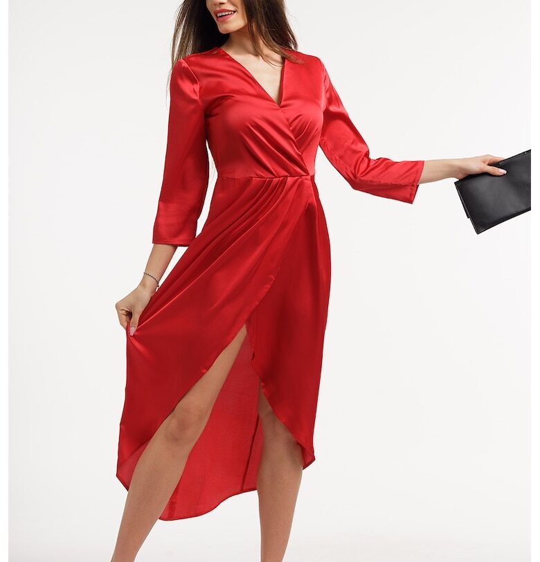 Сатинирана рокля с шпиц - Аленочервен CAMISSI