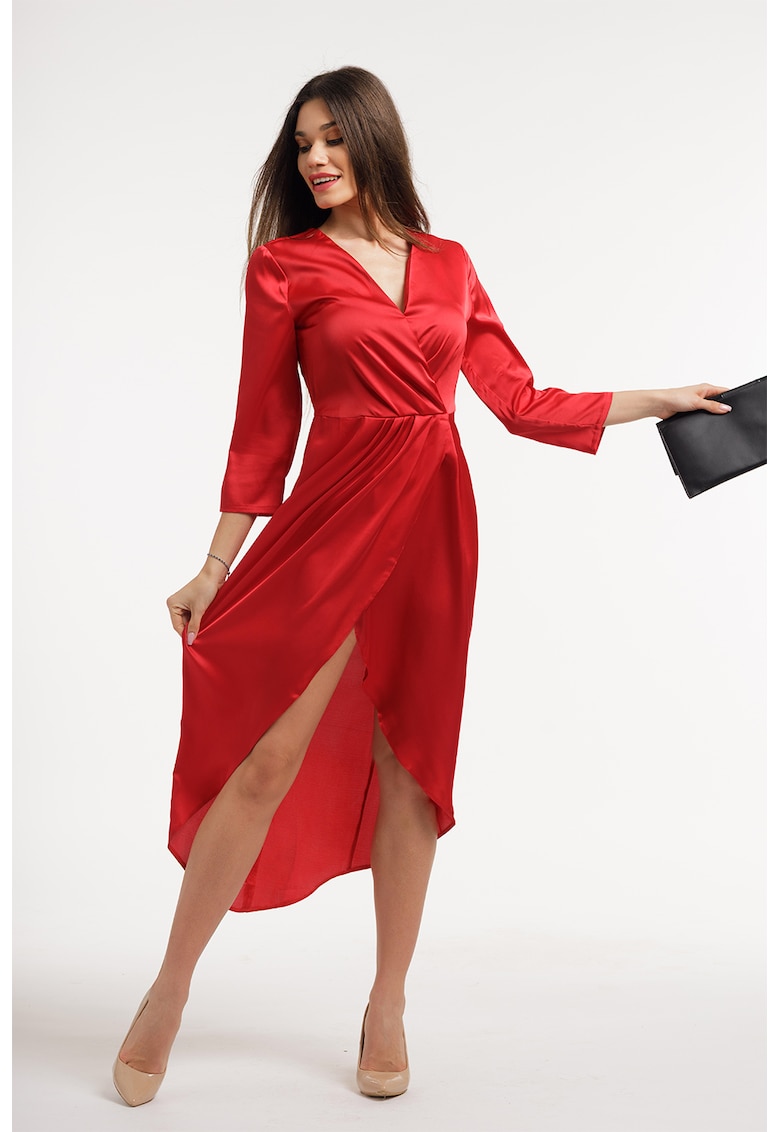 Сатинирана рокля с шпиц - Аленочервен CAMISSI