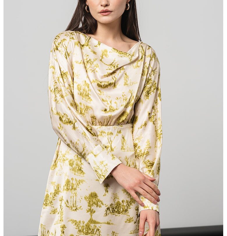 Сатинирана рокля с щампа - Слонова кост/Лайм зелено Stefanel