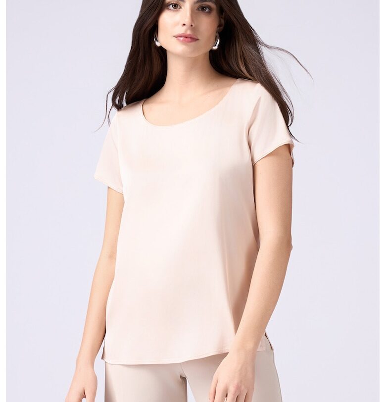 Сатинирана тениска с овално деколте - Светло бежово Oltre