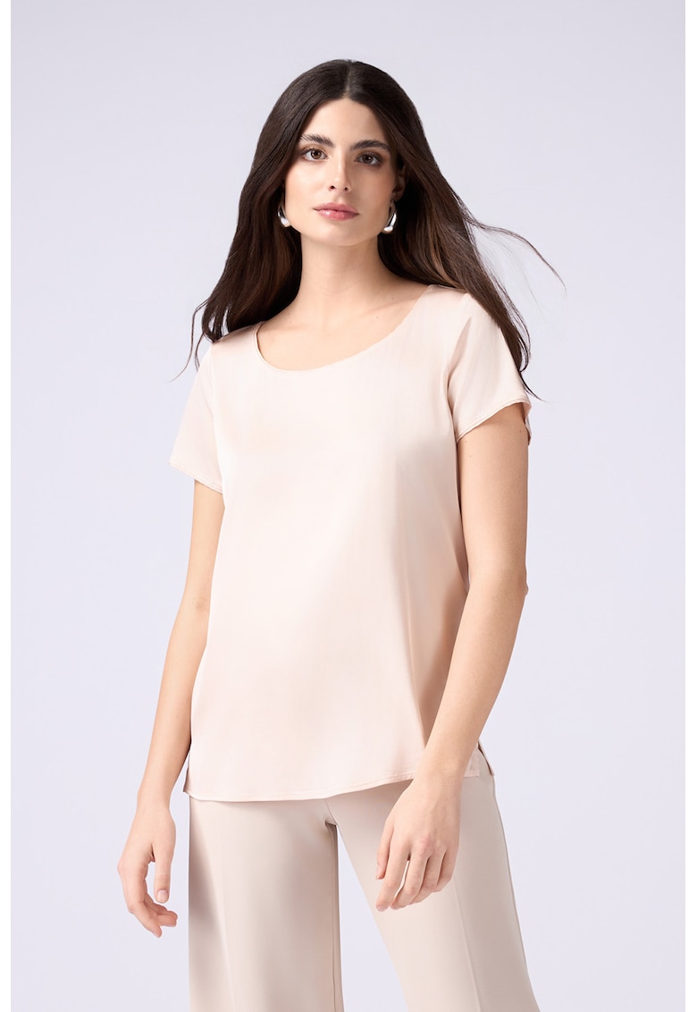 Сатинирана тениска с овално деколте - Светло бежово Oltre