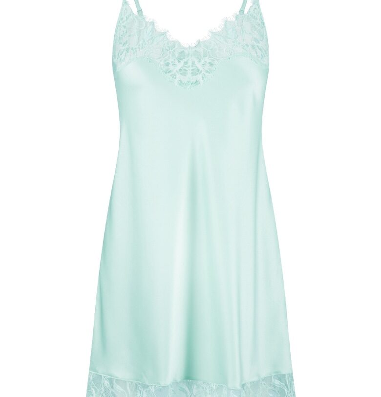 Сатинирана шпиц нощница с флорална дантелена подплата - Син LingaDore