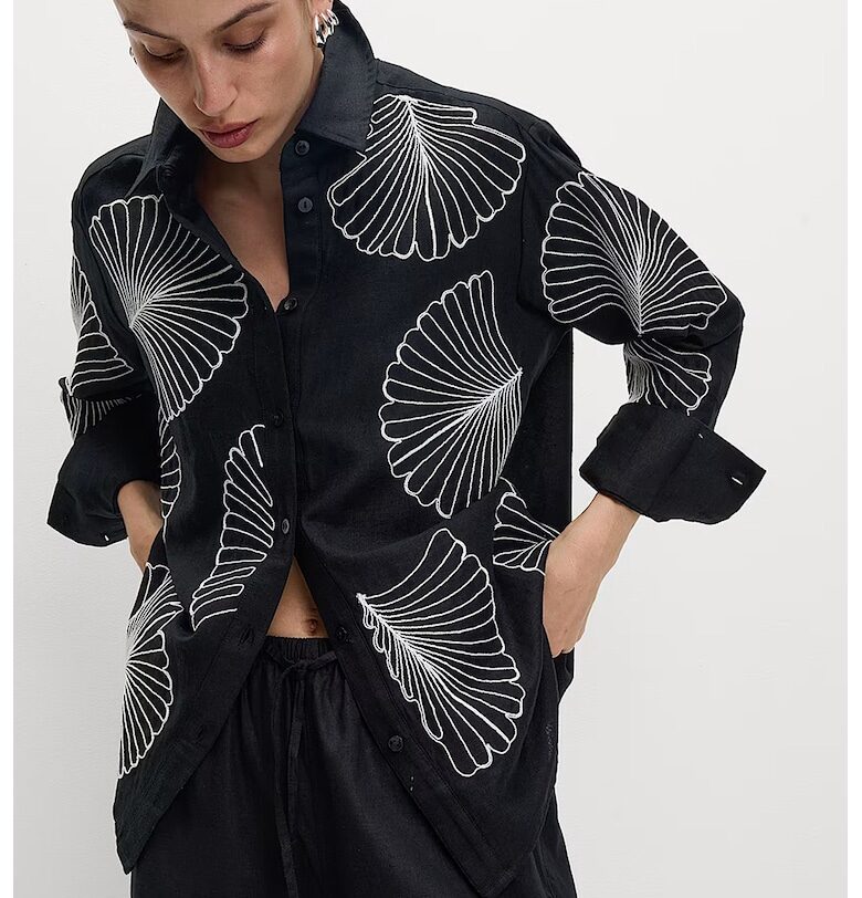 Свободен къс панталон с лен и бродерии - Бял/Черен Marks  Spencer