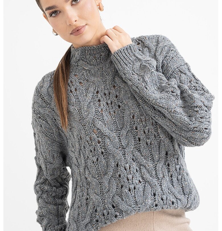 Свободен плетен пуловер с перфорации - Златист/Tъмносив Stefanel