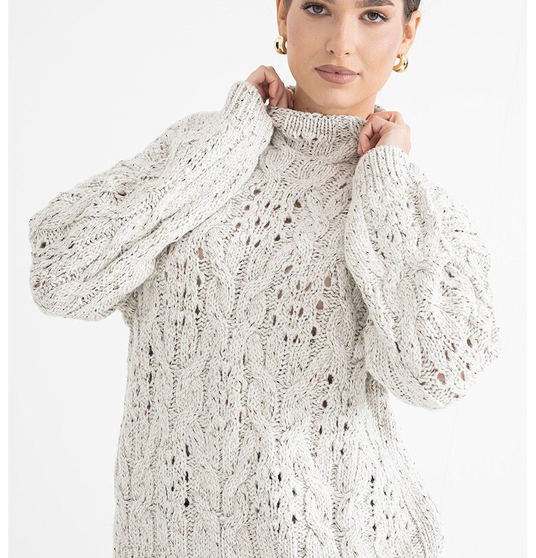 Свободен плетен пуловер с перфорации - Златист/Мръснобял Stefanel