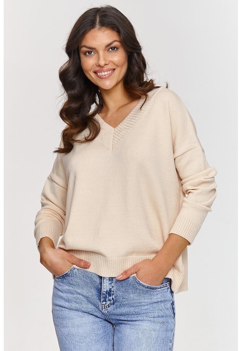 Свободен пуловер с V-образно деколте и паднали ръкави - Един размер Makadamia