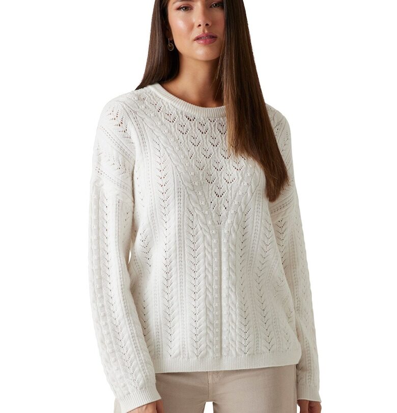 Свободен пуловер с ажур - Бял GUESS