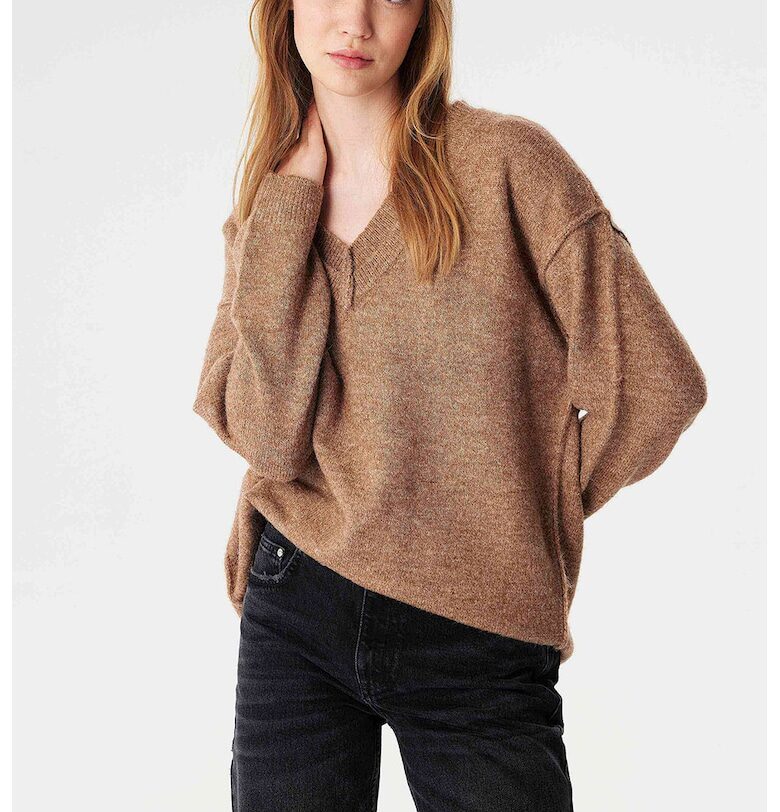 Свободен пуловер с вълна - Кафяв меланж TWIST