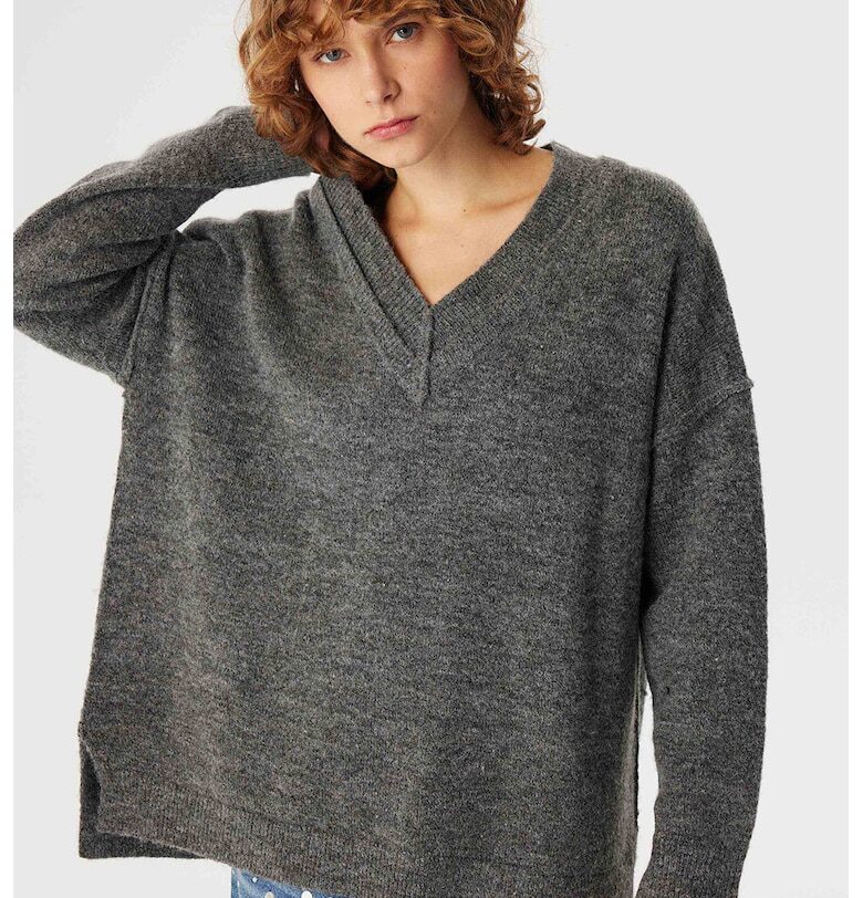 Свободен пуловер с вълна - Сив меланж TWIST