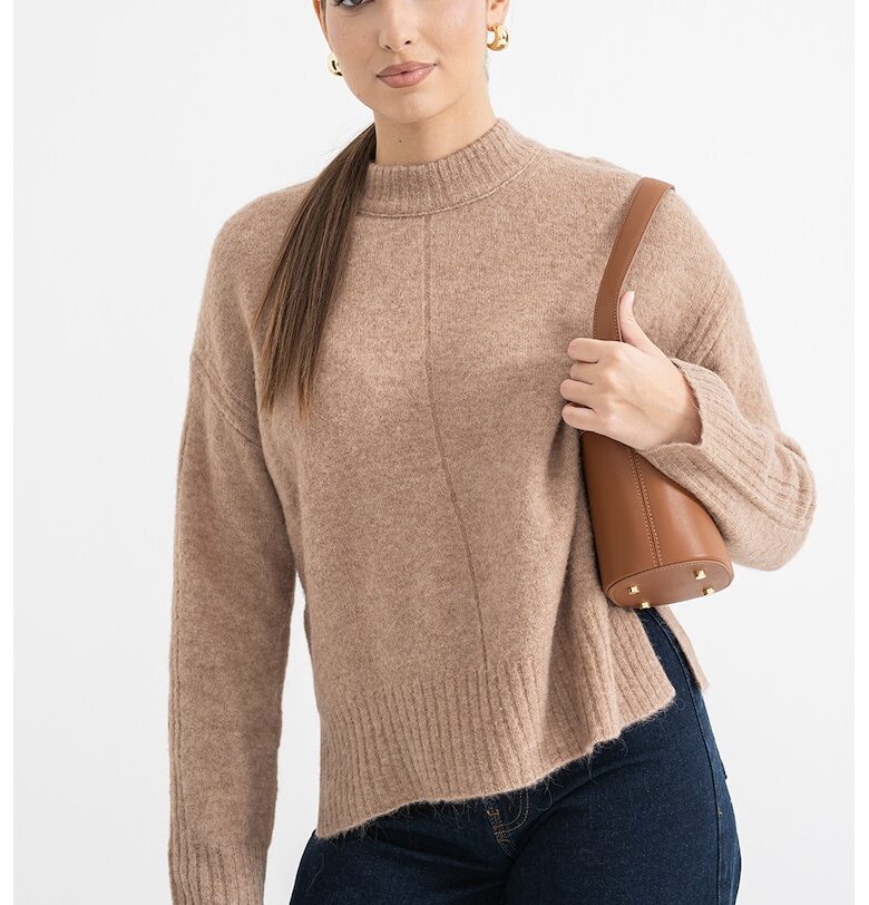 Свободен пуловер с вълна с паднали ръкави - Светлокафяв Stefanel