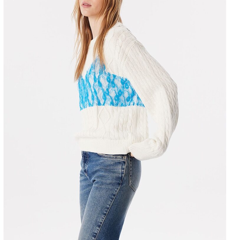 Свободен пуловер с плетка осморка - Слонова кост/Син TWIST