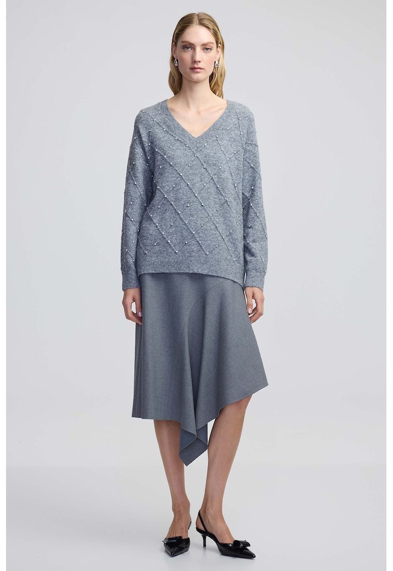 Свободен шпиц пуловер с декоративни камъни - Пепеляво сиво Ipekyol