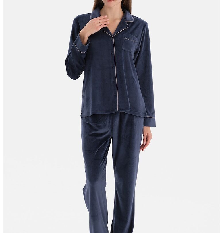 Свободна кадифена пижама с връзка на талията - Тъмносин DAGI